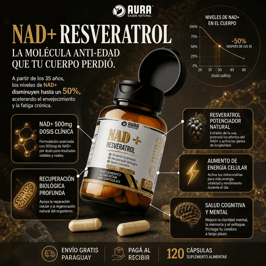 NAD+ Resveratrol 500mg – Suplemento Antienvejecimiento para Energía y Recuperación Celular 120 Cápsulas — 1